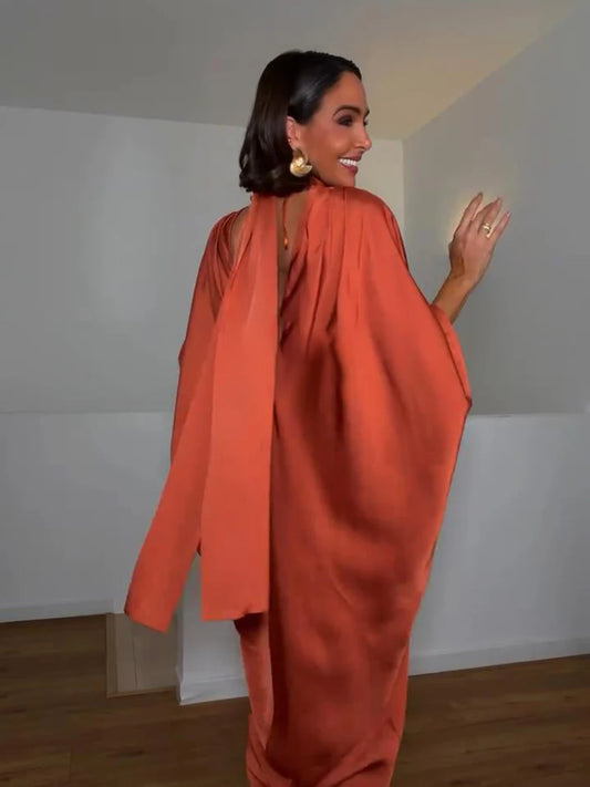 Women Solid Satin Maxi Dress High Neck Batwing Sleeve Loose Fit Front Slit Dresses Lady 2026 Summer Elegant Evening Party Outfit