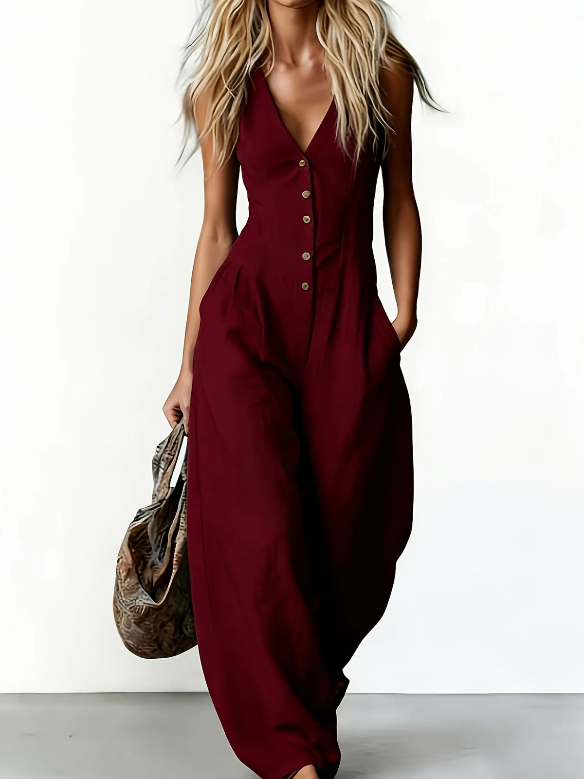 Sleeveless V-neck Buttoned Pocket Solid Color Loose Commuting Pocket Jumpsuit Women Summer New Beach Vacation All-match Jumpsuit