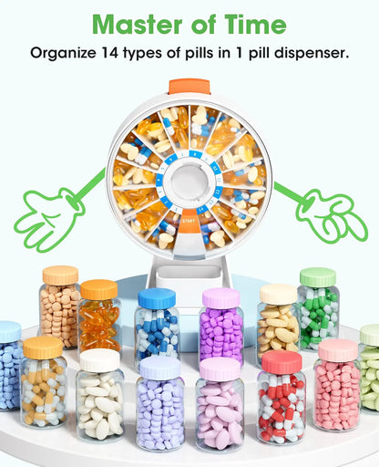 Pill Dispenser Daily, Large Pill Organizer with Wall-Mounted or Standing Use, 14 Days Pill Box, Push Button Design