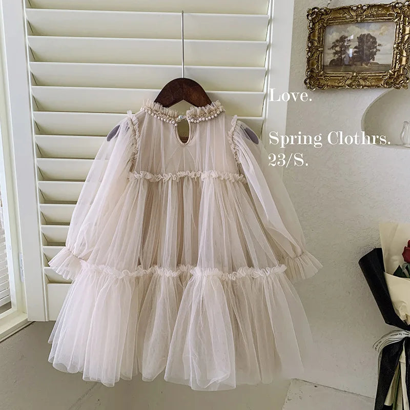 Girl Princess Dress Round Collar Long Sleeves Baby Party Dress with Pearl Mesh Suitable for Children E99011