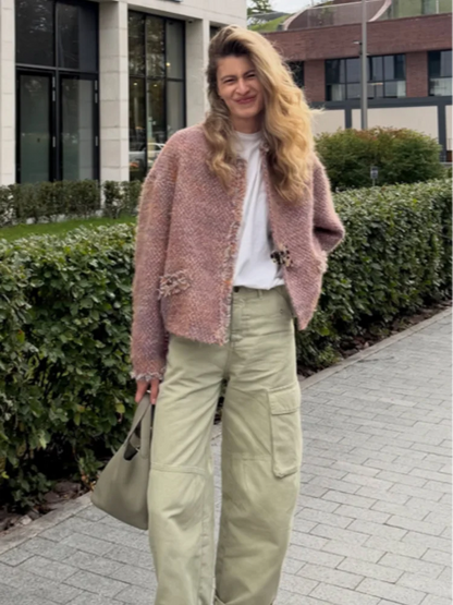 Elegant Tweed Short Coats Women's Loose Fringe Trim Full Sleeves Round Neck Jackets 2026 New Ladies Autumn Office Outwear
