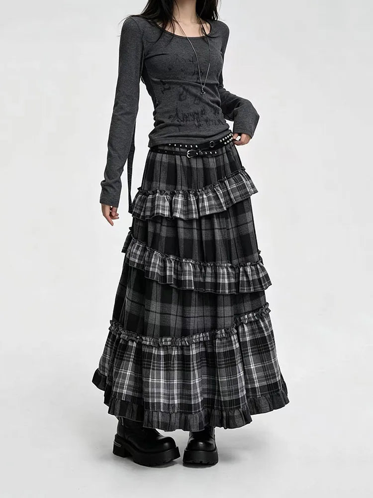 Vintage Plaid Patchwork Skirts for Women Japanese High Waist Ruffles Splicing Midi Skirts Y2K Harajuku Streetwear A Line Skirts