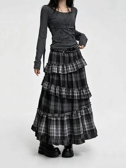 Vintage Plaid Patchwork Skirts for Women Japanese High Waist Ruffles Splicing Midi Skirts Y2K Harajuku Streetwear A Line Skirts