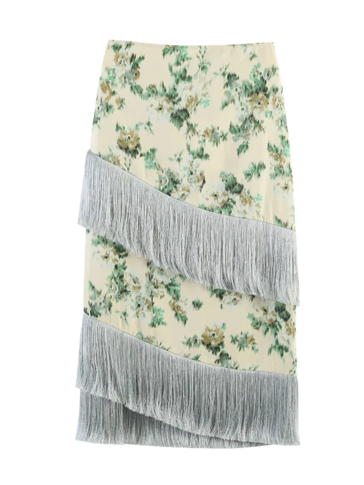 Women's Peach Fringe Bodycon Skirts Women Sexy V-shape Gold Fringe Slim Fit Midi Skirt 2026 Summer Beach Vacation Outfit New