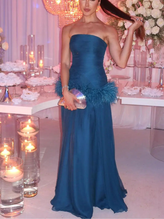 Empire Strapless Sleeveless Evening Gown Wedding Guest Gown Waist Ostrich Feather Trim Back Zip Bridesmaid Dress Custom Color
