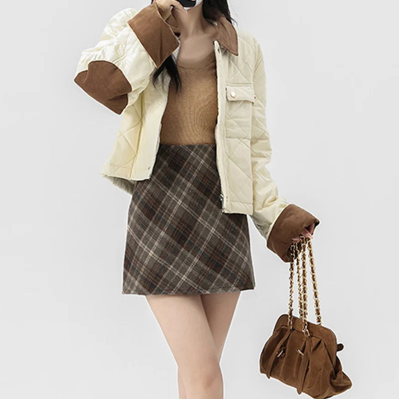 Autumn Winter Woolen Plaid Mini Skirt for Women College Casual All Match Short Skirts Woman Thicken Warm High Waist A-Line Skirt