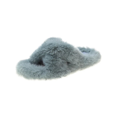 Fashion One Word Thick Fur Slippers Double Fur Slippers Casual Home Cotton Shoes for Women Flat Plush Cross Straps Slippers2025