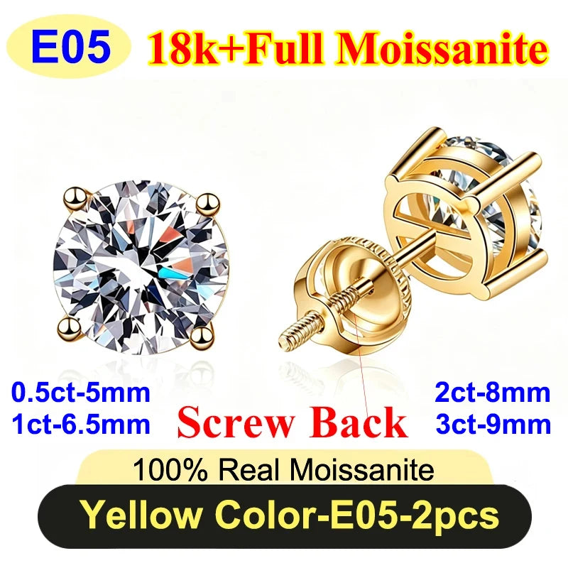 PureNew 0.5-3ct Classic Full Moissanite Earrings For Women S925 Silver Plated 18k Gold D Color VVS1 Women's Moissanite Earrings