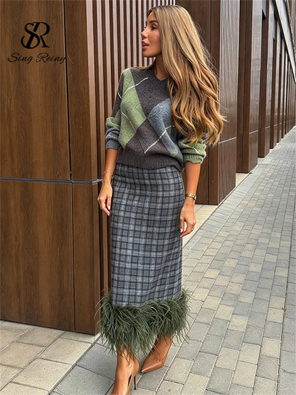 SINGREINY Retro Wool Plaid Straight Skirts Feather Hem Splice Slim Designer-Inspired Autumn Winter Classy Thick Women Long Skirt