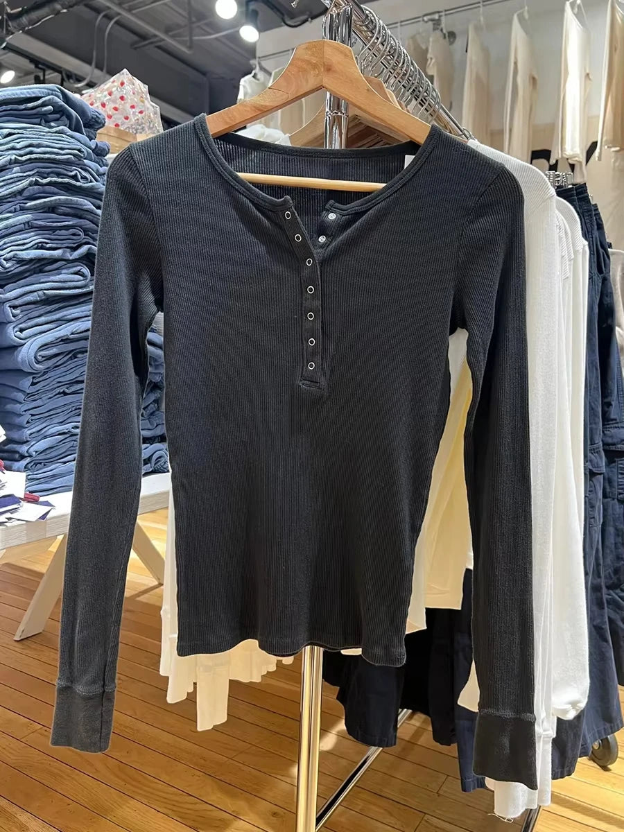 Retro White Ribbed Button T-shirts Women Spring Cotton Round Neck Long Sleeve Tees Female Y2k Streetwear Casual T Shirt Tops
