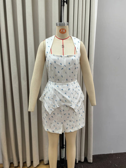 Elegant Print Waistband Short Dress For Women Square Collar Sleeveless Zip Up Waist-closed Dresses 2026 Summer Lady Party Robes