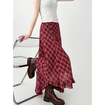 Women's Red Plaid Asymmetric Ruffle Skirt