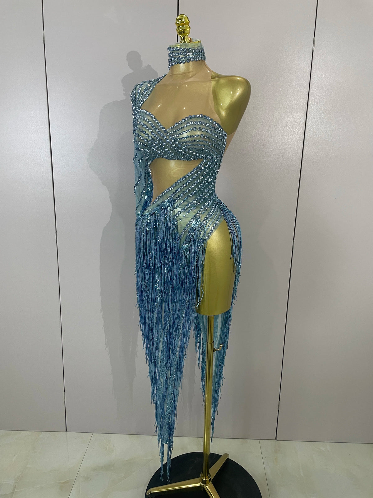 Sexy Latin Dance Outfits Sparkly Diamond Blue Rhinestone Mesh One Shoulder Tassel Dress Eveing Party Bar Nightclub Stage Costume