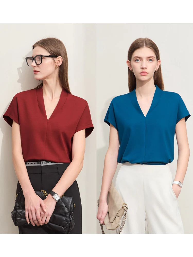 AMII Minimalism 2026 Summer Women's T-shirt Classic Style Casual V-neck Short Sleeve Solid Stretch Female Tops & Tees 12312013