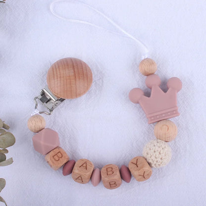 Handmade Beech Wood Baby Pacifier Chain Crown Silicone Beads Infant Appease Soother Clips Anti-Drop Dummy Holder Nipple Clip