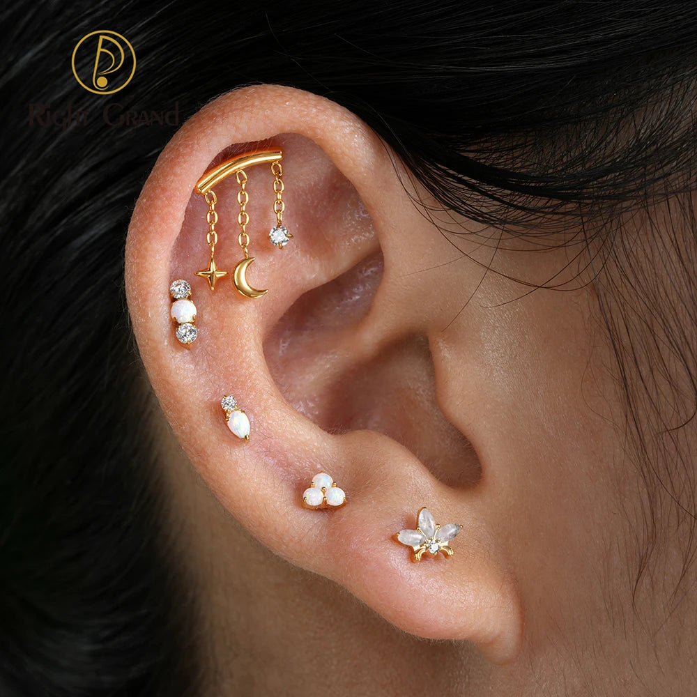 Right Grand ASTM F136 Titanium Teardrop Opal Cartilage Earring 16G Tiny Round CZ Forward Helix Labret Stud Piercing Jewelry