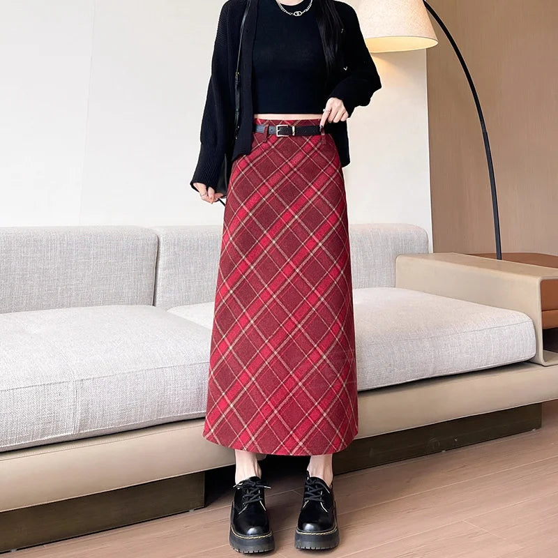 TFETTERS Women Christmas Red Plaid Midi Skirt Autumn Winter Woolen A Line Long Skirt High Waist Vintage Check Straight Skirt