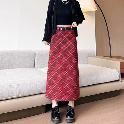 TFETTERS Women Christmas Red Plaid Midi Skirt Autumn Winter Woolen A Line Long Skirt High Waist Vintage Check Straight Skirt