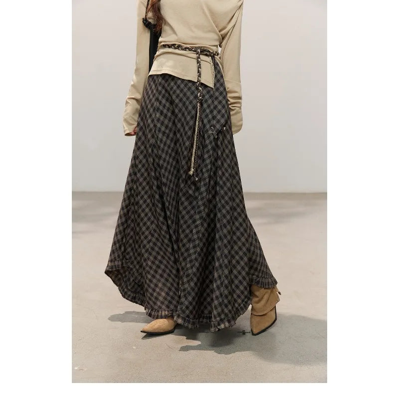 MISHOW Women's Plaid Ruffle Hem Midi Skirt with Belt 2026 Summer High Waist A-Line Skirt Loose Fit Vintage Long Skirt MXF14B2483