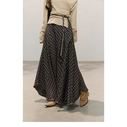 MISHOW Women's Plaid Ruffle Hem Midi Skirt with Belt 2026 Summer High Waist A-Line Skirt Loose Fit Vintage Long Skirt MXF14B2483