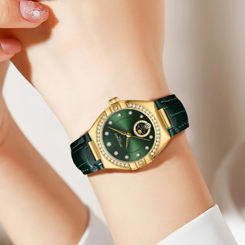 ROLENDO Women's Automatic Mechanical Watches Moon Phase Display Diamond Bezel Green Dial Leather Strap Watch Gift For Women