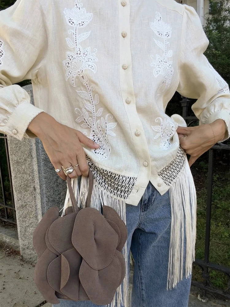 Women's Tassel Hem Vintage Tops Long Sleeved Single Breasted Button Out Stand Up Collar Coat Autumn Bohemian Street Daily Outfit