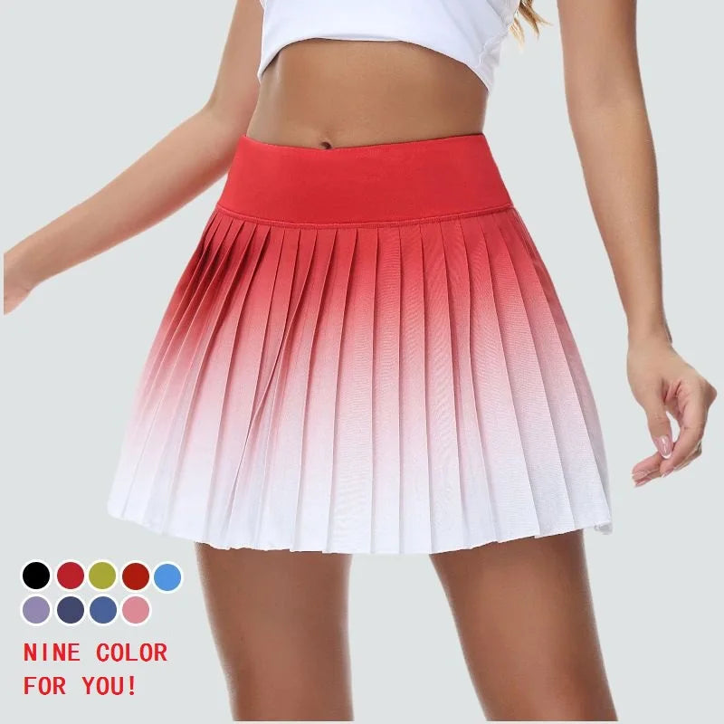 Summer Gradient Color Running Shorts Side Pocket False 2 Pieces Tennis Mini Skirt Cooling Quick Dry Breathable Yoga Skirt Women