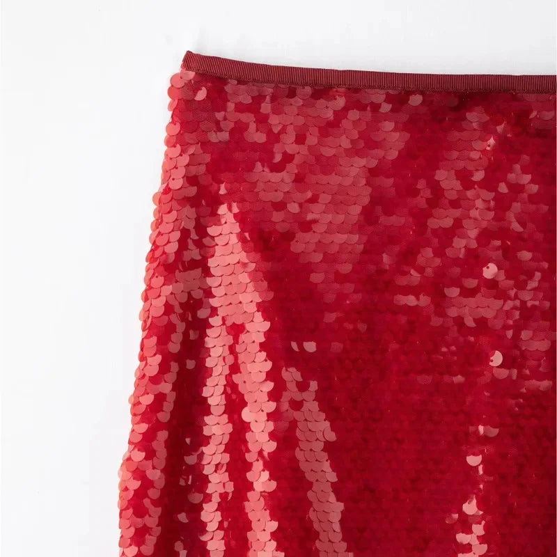 High Waist Bead Embellishment Long Skirt Women Red Sequins Slim Fit Slit Simple Temperament Midi Skirts Lady Elegant Party Skirt