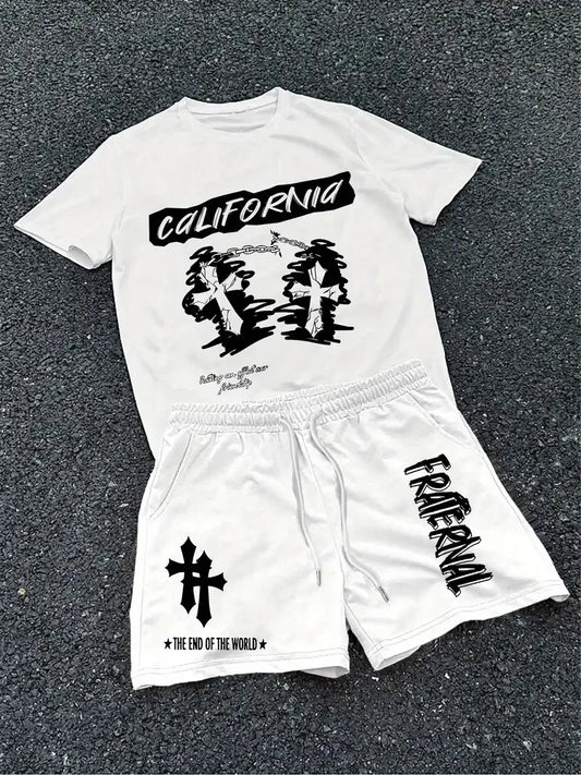 The 2025 Summer New Men's Set Features Street Hip-Hop Casual Fashionable Comfortable and Soft 3D Cross Pattern Print