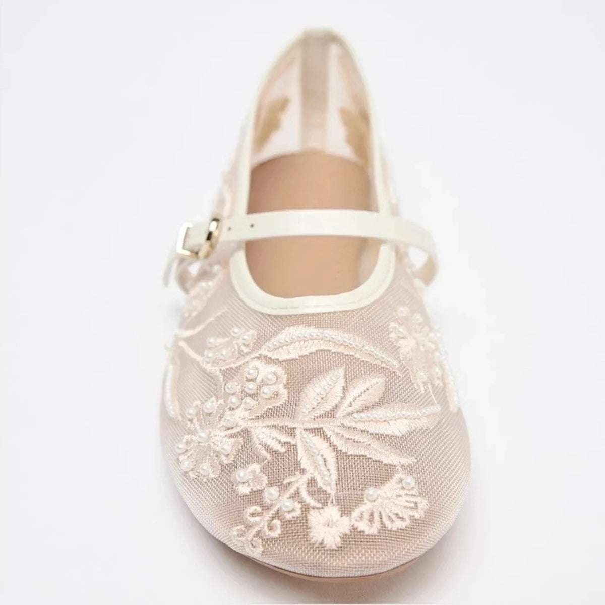 Embroidery Flowers Pearl Mesh Round Tor Ballet Flats Woman Loafers Buckle Strap Ladies Mary Jane Mules Shoes Zapatos De Mujer