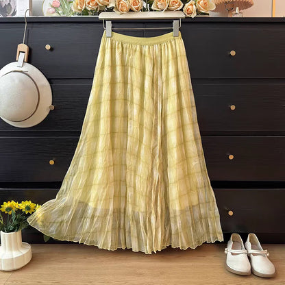 Retro Plaid Print Tulle Maxi Skirt for Women, Spring Summer High Waist Slim A-Line Pleated Midi Skirt, Flowy Ball Gown Style