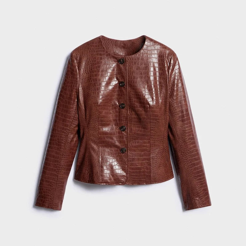 Crocodile Grain Women's Outerwear Lapel Long Sleeve Leather Jacket Vintage Olive Green Leather Coat Loose Cropped Fit Single