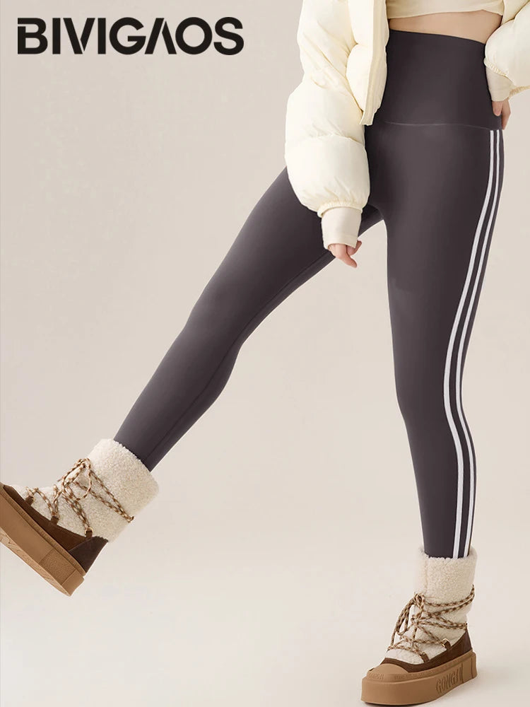BIVIGAOS New Autumn White Striped Light Fleece Leggings Women Winter Pants High Waist Slim Velvet Thick Sport Warm Leggings