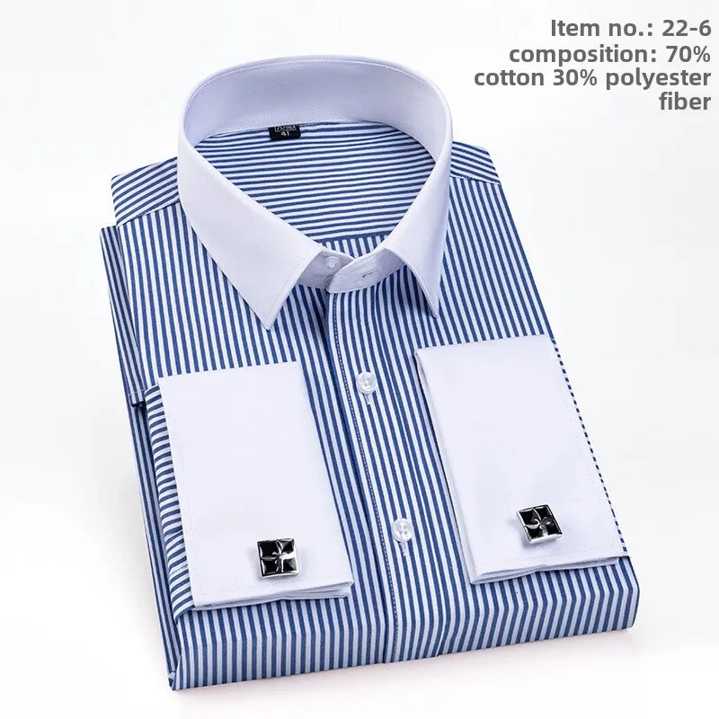 2026 Men's French Cufflink Shirt Slim-fit Colored Collar Business Dress Men's Long Sleeve Striped Shirt Collar