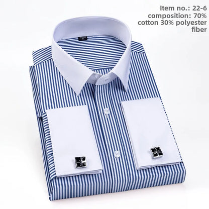 2026 Men's French Cufflink Shirt Slim-fit Colored Collar Business Dress Men's Long Sleeve Striped Shirt Collar
