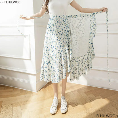 2025 Chic Korea Clothes Summer Women Cute Sweet GIrl Floral Robe Holiday Date High Waist Retro Vintage One-Piece Lace-Up Skirts