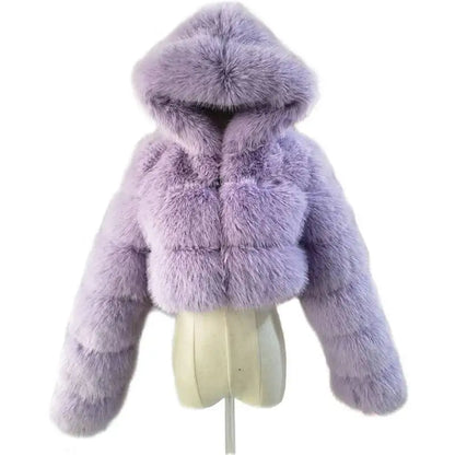 S-6XL Women Coat Autumn Winter Short Hooded Faux Fox Fur Coat Thick Warm Outerwear Fake Fur Woman Jackets Ladies Furry Coats