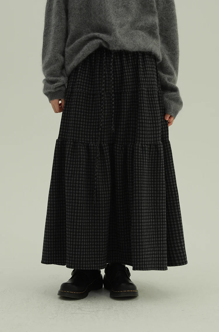 Women's Retro Patchwork Plaid A-Line Midi Skirt Elastic Waist Slimming Versatile Large Size Clothing Casual Long Skirts