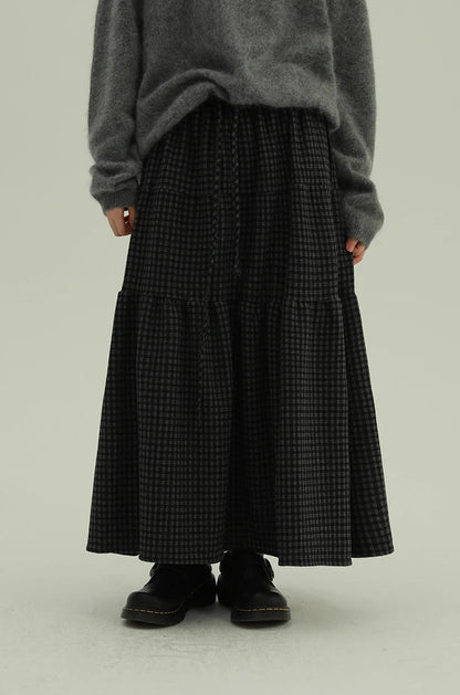 Women's Retro Patchwork Plaid A-Line Midi Skirt Elastic Waist Slimming Versatile Large Size Clothing Casual Long Skirts