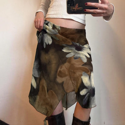 SUCHCUTE Y2K Floral Print Mesh Asymmetrical Skirt Woman Low Rise Midi A-line Skirts Aestheics 2000s Clothing Summer Outfit 2026