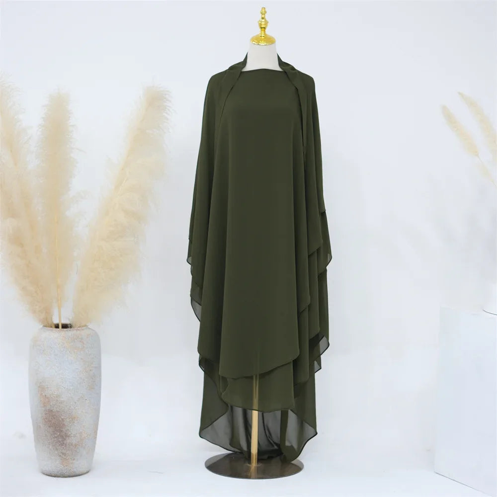 Two Layer Chiffon Extra Long Khimar Niqab Eid Ramadan Muslim Women Islamic Clothing Prayer Garment Overhead Abaya Dress Kaftan