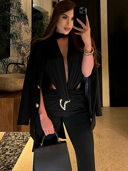 Nibber Metal Trim Jumpsuit Women Ruched Sexy Waistless Cross Hollow Bandage Coquette Midnight Workout Hipster Stretch Overalls