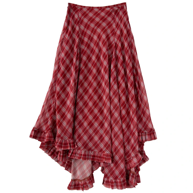 Women's Red Plaid Asymmetric Ruffle Skirt