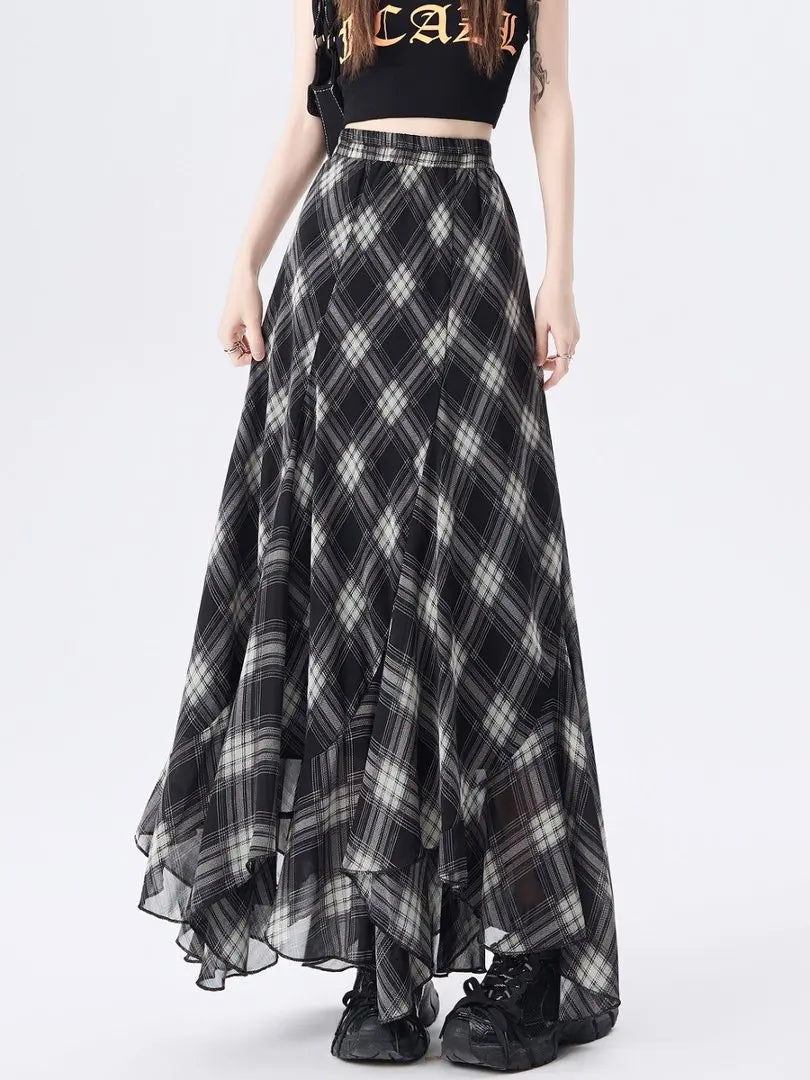 New Arrival Asymmetrical Plaid Chiffon Long Skirt For Women Summer Casual Loose Big Swing Beach Midi Skirts Lady