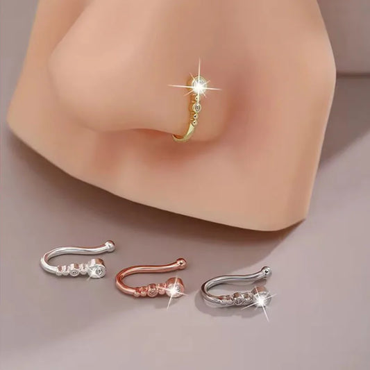 1Pc Chic U-Shape Fake Nose Clip, Minimalist Hip Hop Non-Piercing Nose Ring Inlaid Sparkly Cubic Zirconia For Women