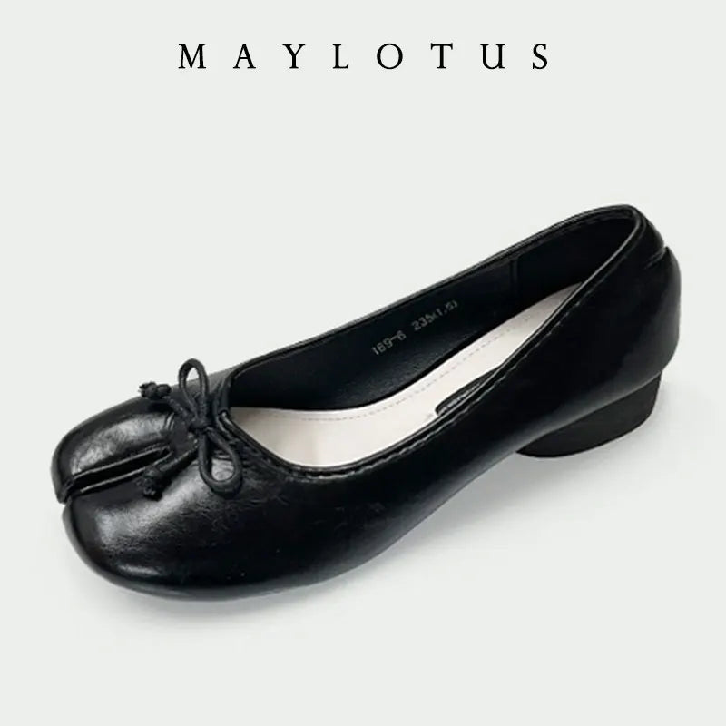 Split Toe 3cm Heel Tabi Shoes Slip On Leather Comfy Shoes Soft Bottom Solid Ladies Moccasins with Bowknot