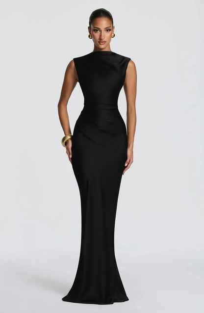 Ruched Waist Satin Long Dress Solid Bodycon Sleeveless Cowl Neck Fishtail Women Dresses 2026 Summer Lady Formal Evening Gowns
