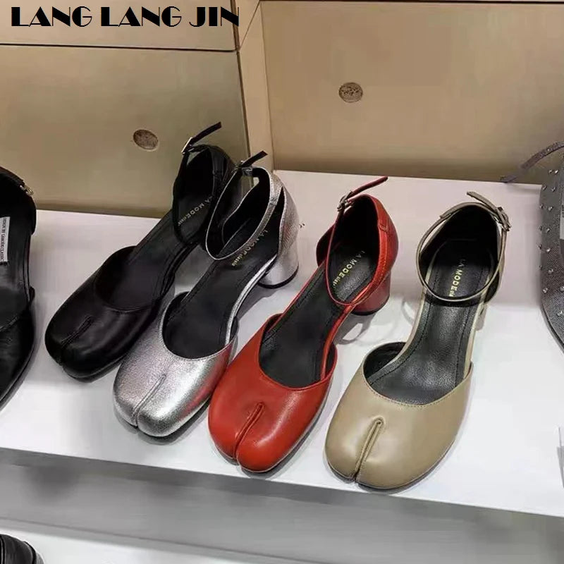 Women Split Toe Ninja Tabi Pumps Woman 5cm Heels Mary Janes Round Heels Shoes Buckle Strap Shallow Sandals Shoes For Party Mules