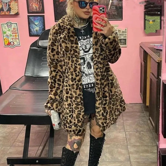 Fashion Faux Fur Leopard Coats Casual Turn-down Collar Leopard Jackets Women Winter Warm Rabbit Fur Coat Vintage Y2K Streetwear