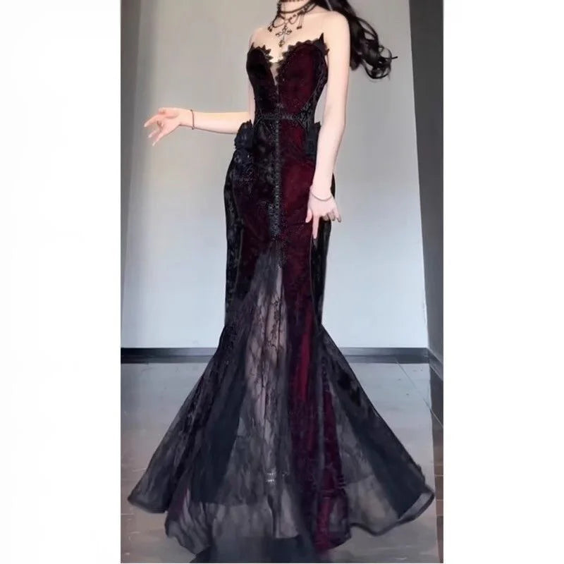 Summer Gothic Grunge Y2k Lace Dress Women Dark Academia Sexy Slim Party Dresses Korean Fashion Design Festival Long Prom Dress